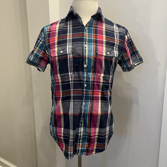 Express Other - Express Men’s Plaid Short Sleeve Button Up Shirt Size Medium Blue Pink (A0128)